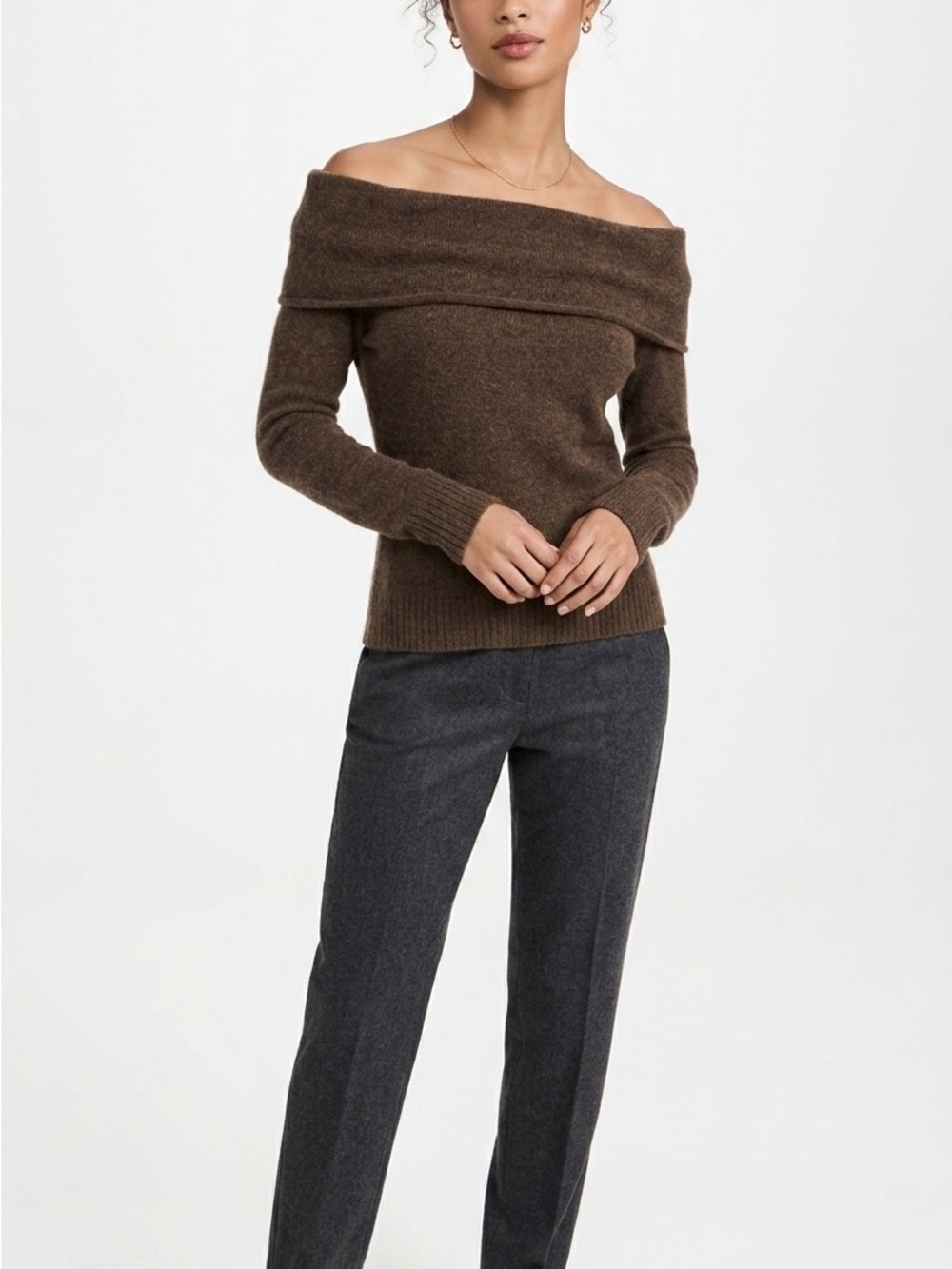 Aqua Off-the-Shoulder Brown Foldover Sweater